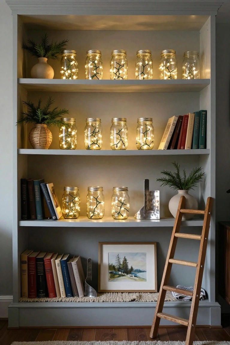 Gray-painted bookcase with multiple shelves holding books, potted plants, mason jars filled with fairy lights, a metal bookend, framed landscape painting, and wooden step ladder leaning against the side.