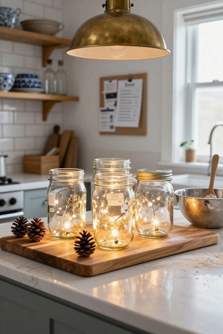 Four mason jars filled with fairy lights and surrounded by pinecones on a wooden cutting board placed on a white kitchen countertop, with a brass pendant light overhead and kitchen shelves in the background.