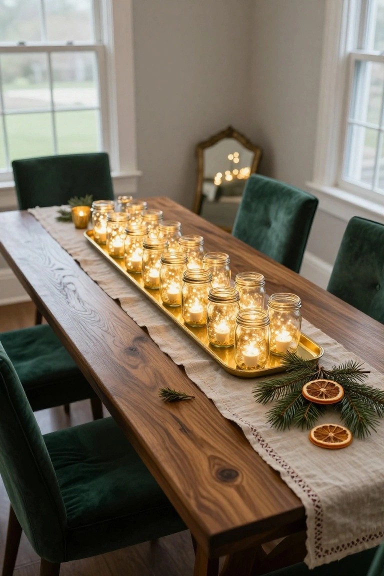 Dining table in a room with green velvet chairs, featuring a long gold tray runner holding multiple mason jars with fairy lights and tea lights, accented by pine branches and dried orange slices.