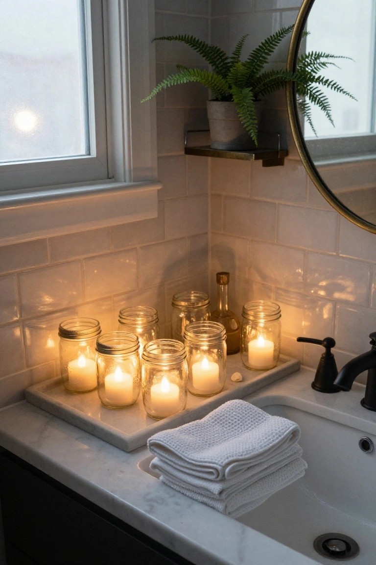 Mason Jar Candles by the Bathroom Sink
