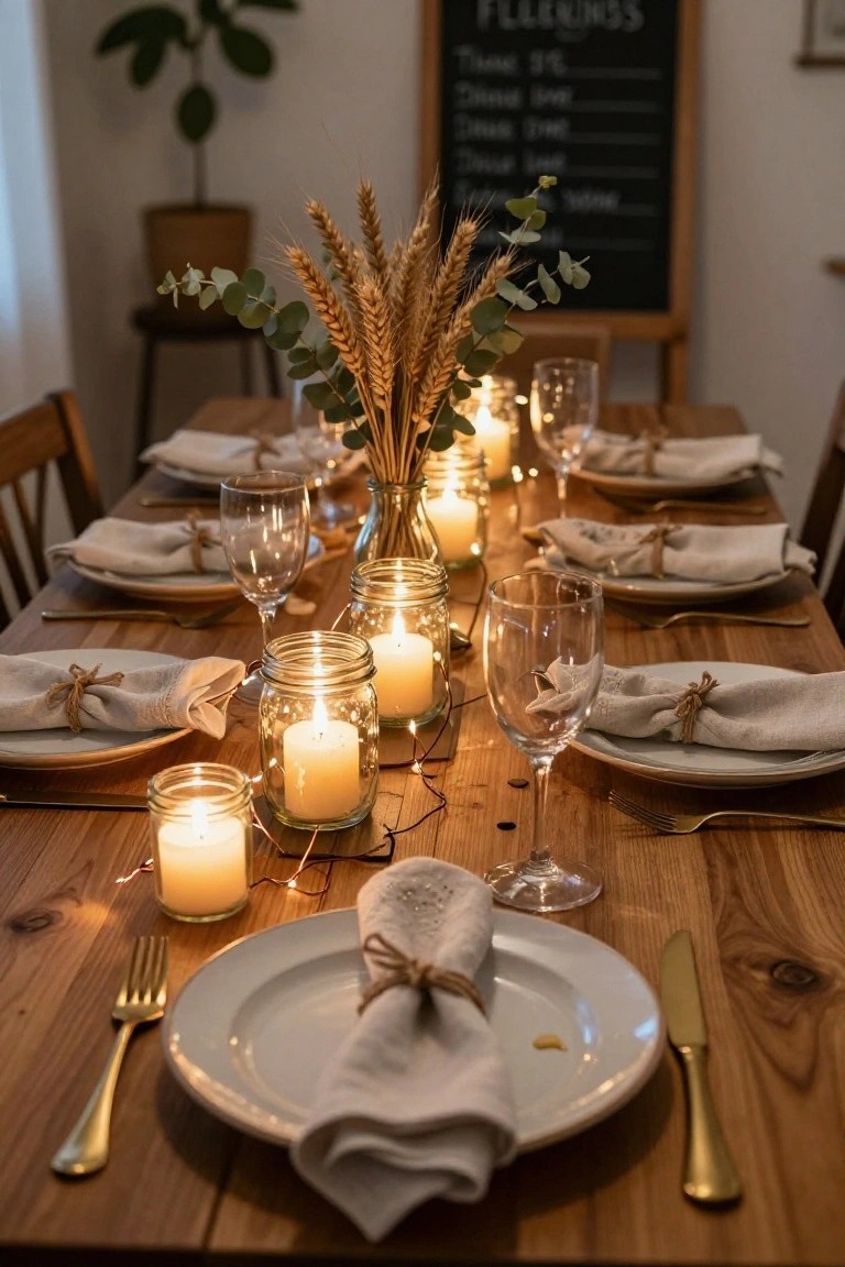 A long rustic wooden dining table set for a meal with white plates, gold utensils, linen napkins tied with twine, wine glasses, and a centerpiece featuring mason jars with candles, wheat stalks, eucalyptus branches, and string lights.
