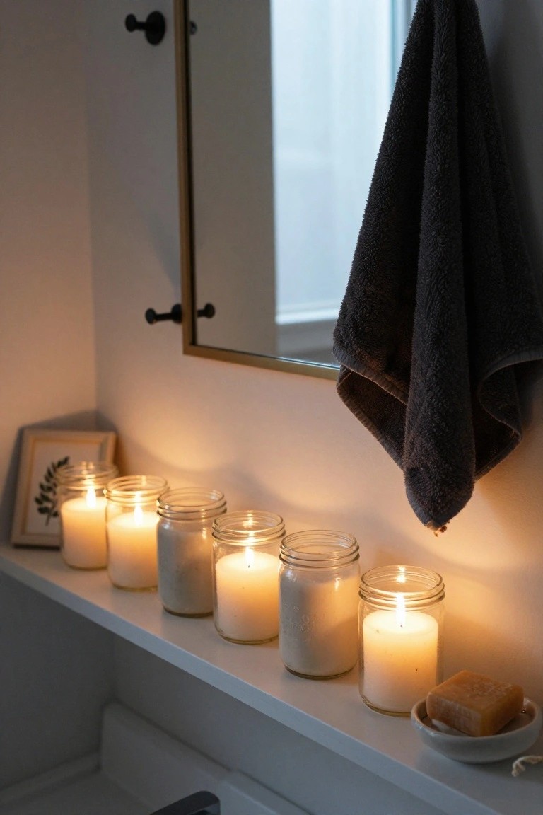 White bathroom shelf holding a row of lit mason jar candles in various sizes, beside a gold-framed mirror, with a dark towel hanging above and a soap dish at the end.