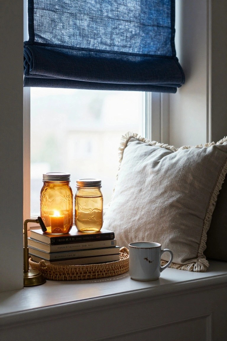 White windowsill next to a window with blue roman shade, holding two amber mason jars with lit candles, stacked books, a woven tray, white mug, and fringed cream pillow.