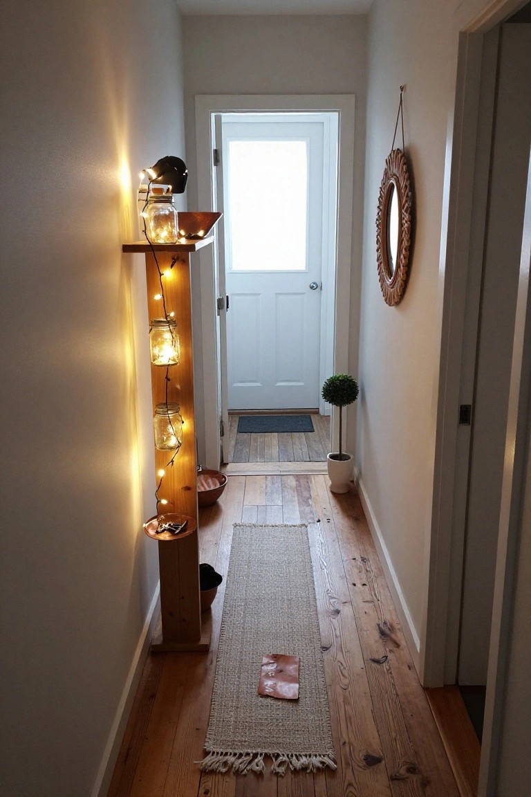 Narrow hallway with tall wooden stand holding lit mason jars, wooden bowls, a front door with glass panel, woven wall mirror, small potted plant, and beige runner rug on wood floors.