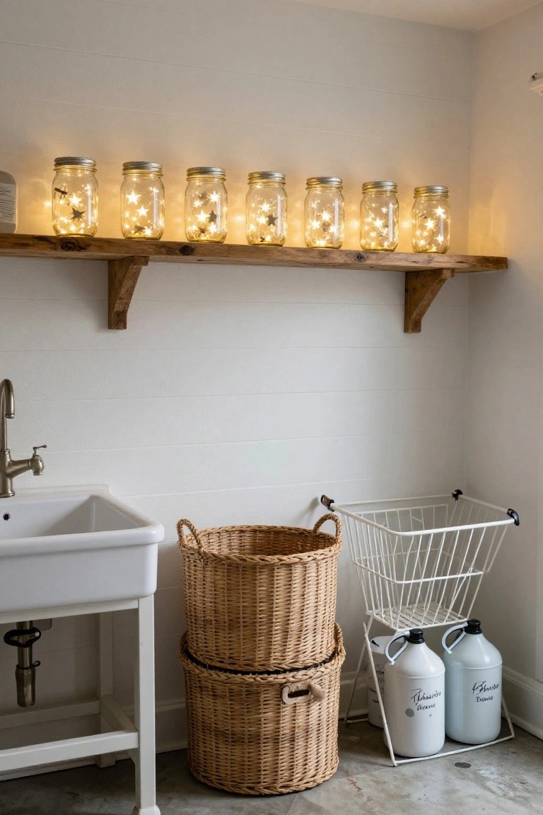 Wooden shelf lined with six mason jars filled with white fairy lights above a white farmhouse sink in a laundry room, with stacked wicker baskets, a metal laundry hamper, and two white jugs on the floor.