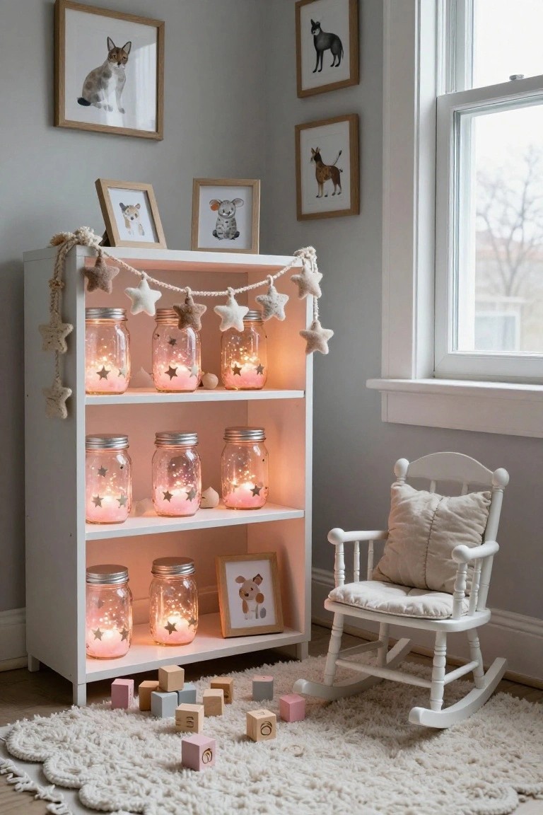 Corner of a light gray nursery room with white open bookshelf holding mason jars filled with fairy lights, stuffed stars hanging above, various animal artwork on walls, a white rocking chair with cream pillow, and colorful wooden blocks on a white rug.