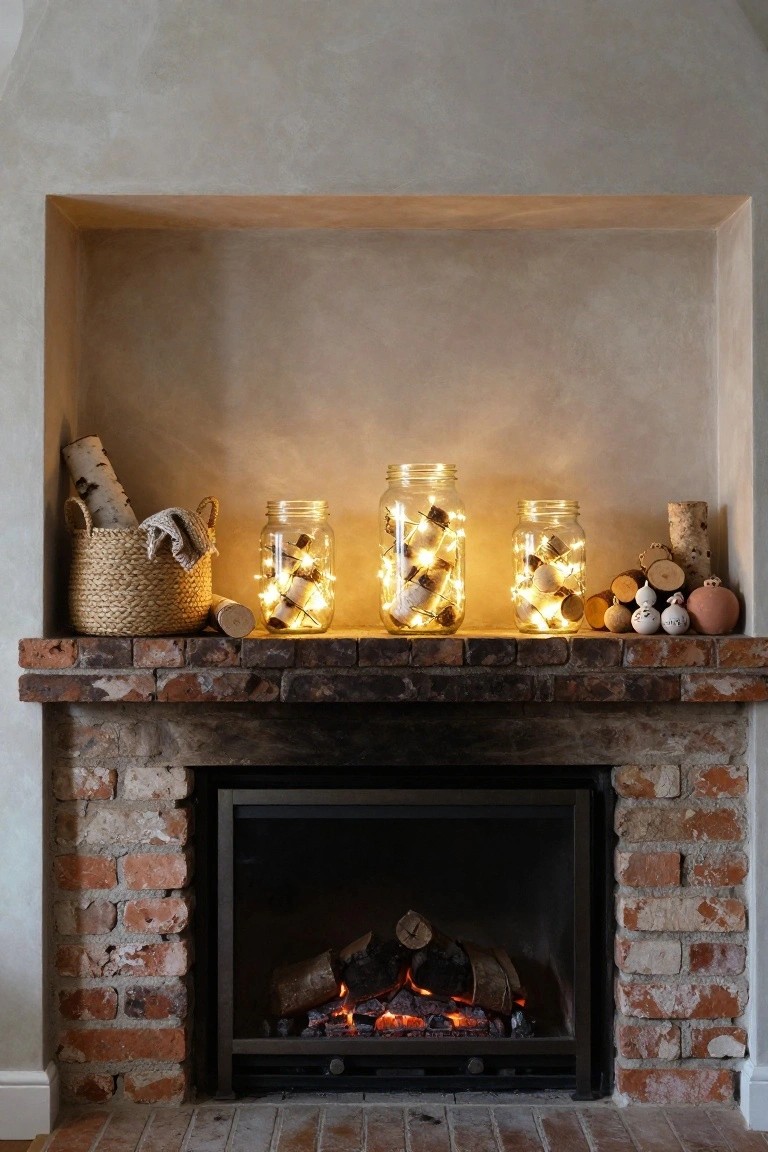 Mason Jar Lights on the Fireplace Mantel