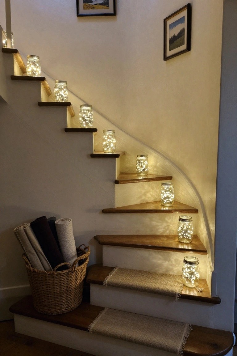 Mason Jar Lights on the Stairs