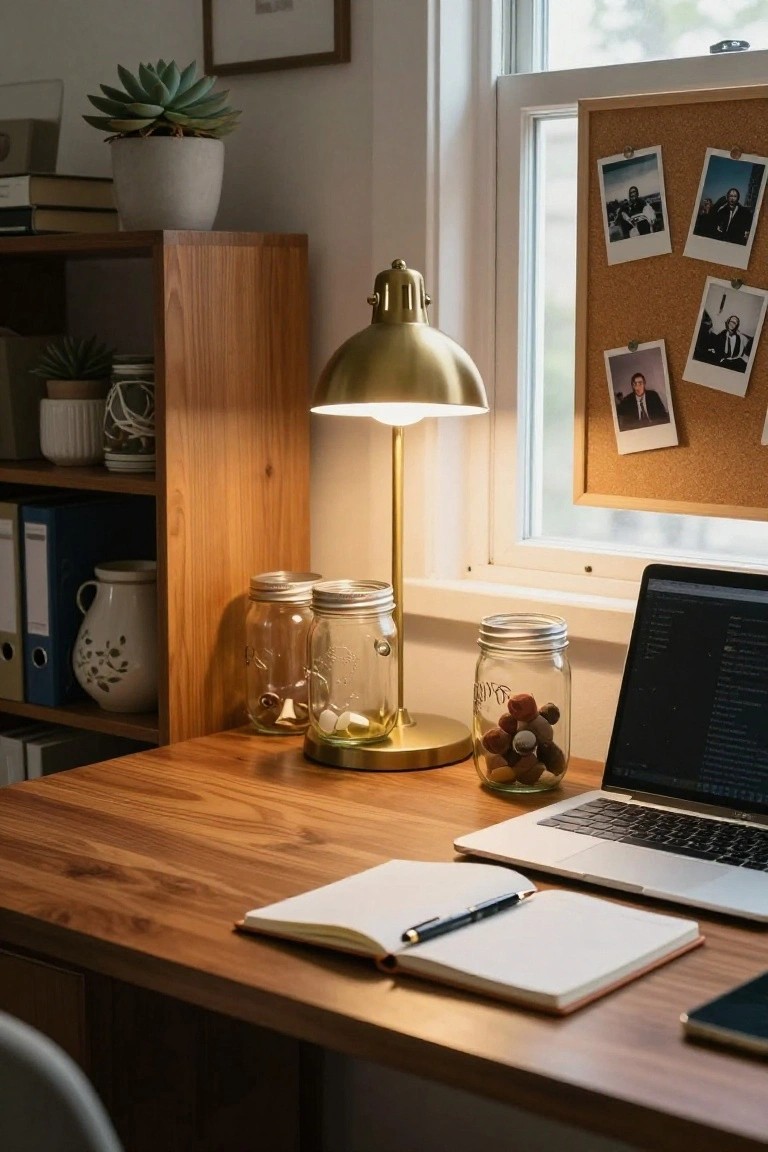 Wooden home office desk with open notebook, pen, MacBook laptop, three glass mason jars with contents, gold desk lamp, phone, and surrounding shelves with plants and books.