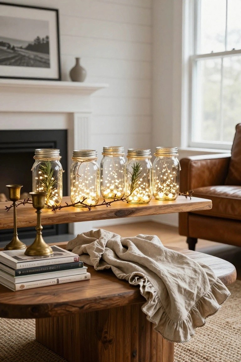 Living room mantel with five mason jars filled with fairy lights and rosemary sprigs on a wooden shelf, flanked by brass candlesticks, and a coffee table below holding books, a cloth, and similar jars.
