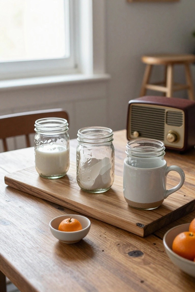 Wooden kitchen table with a rectangular board holding three glass mason jars one with milk one with white powder and one empty next to a white ceramic mug, a small white bowl with a clementine, wooden chairs, a stool, retro radio, window, and bowl of oranges.