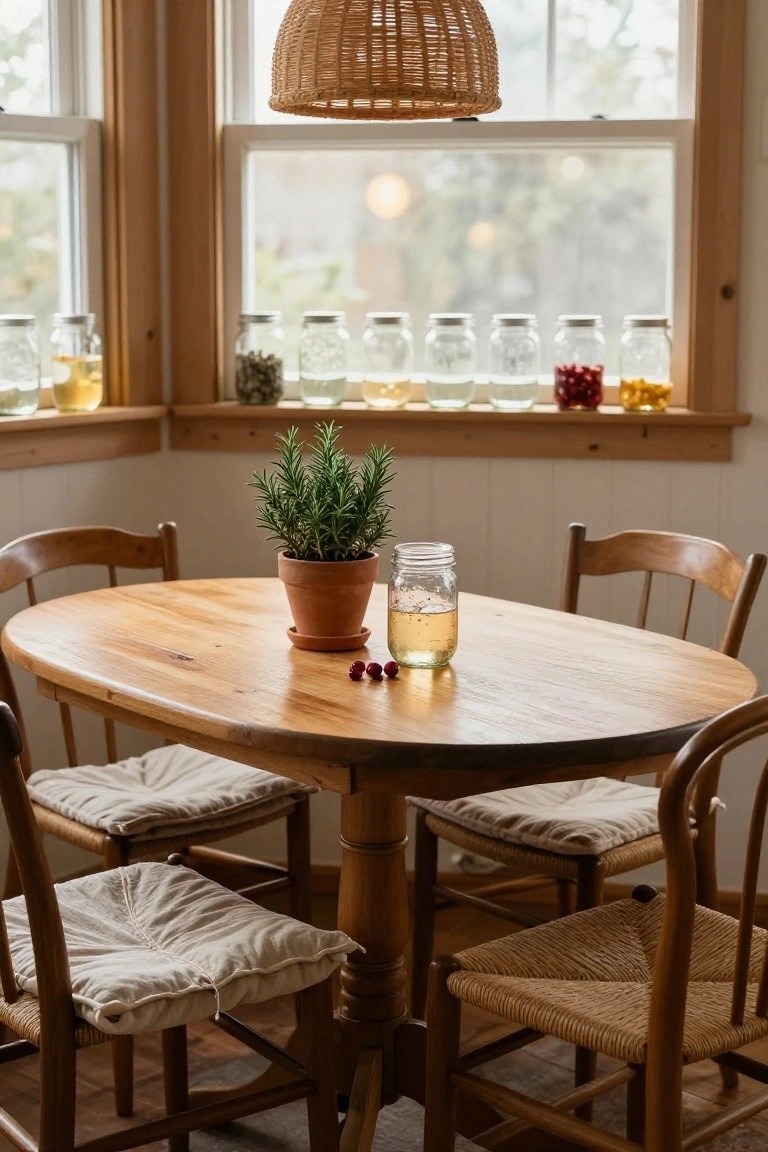 Oval wooden dining table in a light-filled kitchen nook with wooden chairs, a terracotta pot of rosemary, a mason jar containing yellowish liquid and red cranberries on the table surface, and a row of mason jars on the windowsill holding herbs, fruits, and preserves.