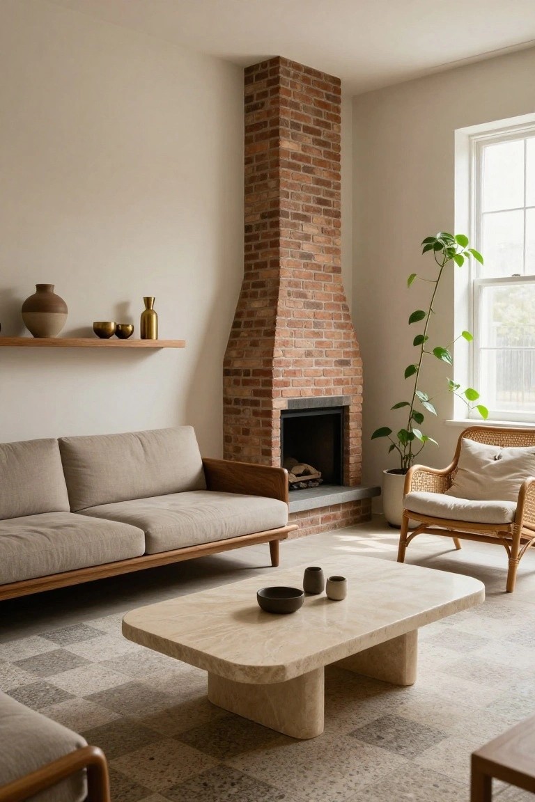 Living room with tall exposed red brick chimney and fireplace, low beige linen sofa on wood frame, rattan chair with cushion, low travertine coffee table on checkered tile floor, wooden shelves with ceramics, potted plant by window.