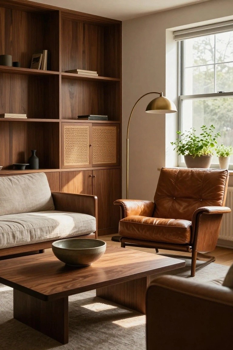 A sunlit living room with tall walnut wood built-in shelving and cabinets, a light beige linen sofa, tan leather armchair, low walnut coffee table with a ceramic bowl, gold arc lamp, and potted plants on a windowsill.