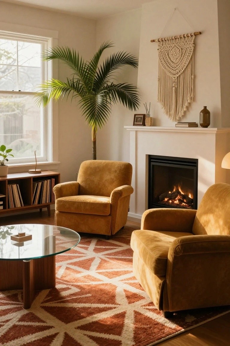 Sunlit mid-century modern living room with two mustard yellow velvet armchairs facing a gas fireplace, wooden credenza holding vinyl records, glass coffee table on terracotta geometric rug, tall potted palm tree, macrame wall hanging, and potted plants near window.