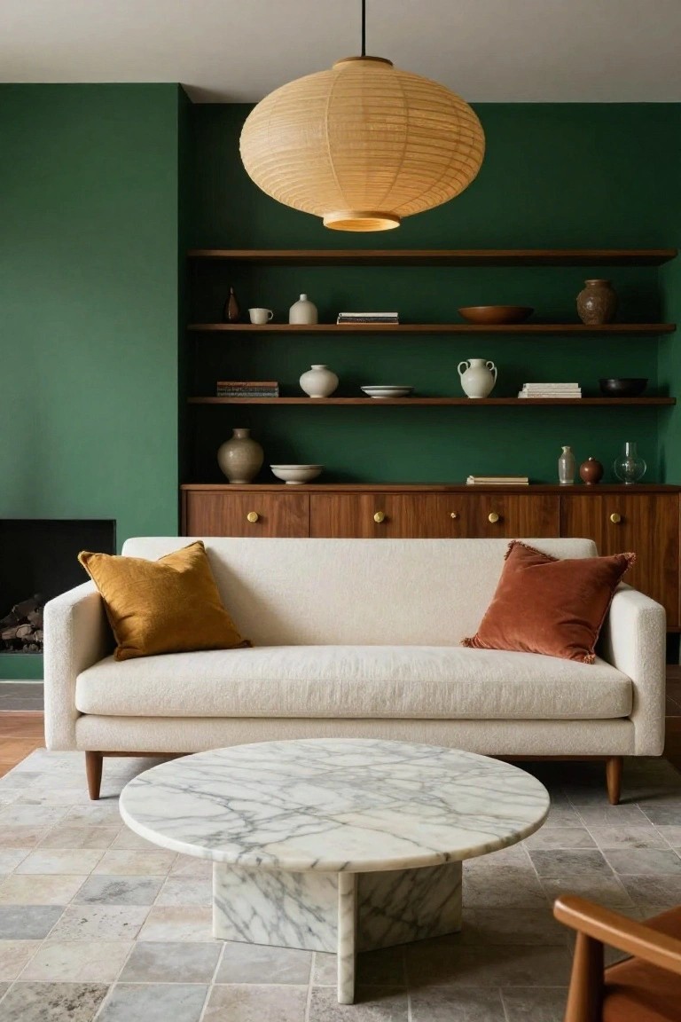 A living room with a deep green accent wall featuring wooden open shelves displaying ceramics, books, and bowls above a wooden cabinet with brass knobs, a cream fabric sofa with mustard and rust pillows, a round white marble coffee table on a light stone tile floor, and a large hanging paper lantern light.