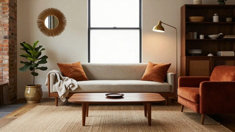 Sunlit living room interior with burnt orange velvet sofa, wooden coffee table, fiddle leaf fig plant next to arc lamp, rattan credenza, brick fireplace, white walls, and seagrass rug on hardwood floor.