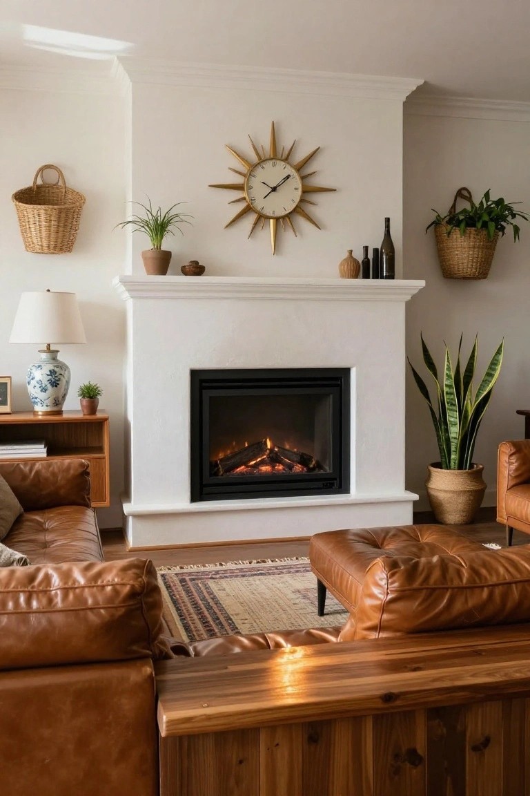 Mid-century modern living room with white stucco fireplace, gold sunburst clock centered above mantel, brown leather sofas and ottoman, wooden coffee table, plants in woven baskets, and sideboard with lamp.