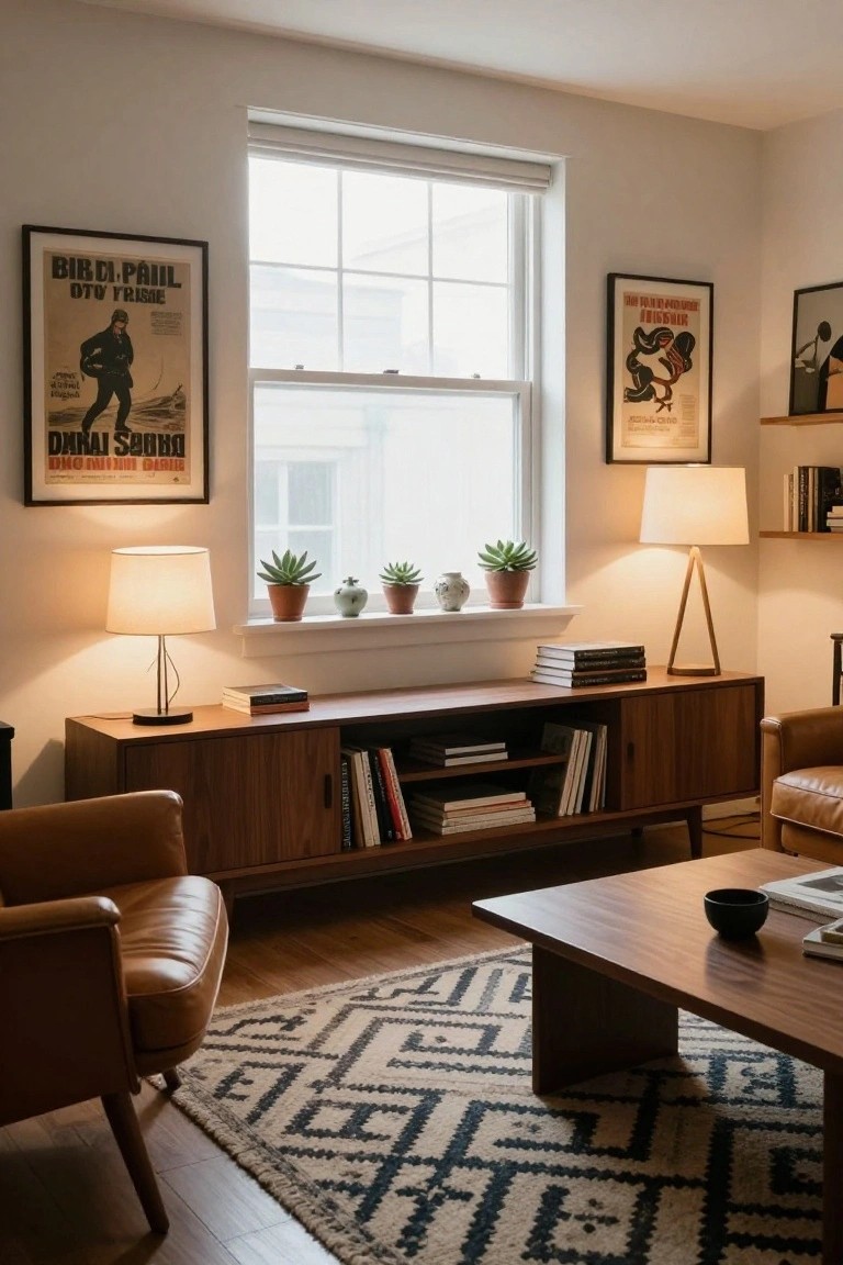 A cozy mid-century modern living room with a low walnut credenza holding books and decor under a window, leather armchairs, a geometric black and white rug, potted plants on the windowsill, and vintage posters on the walls.