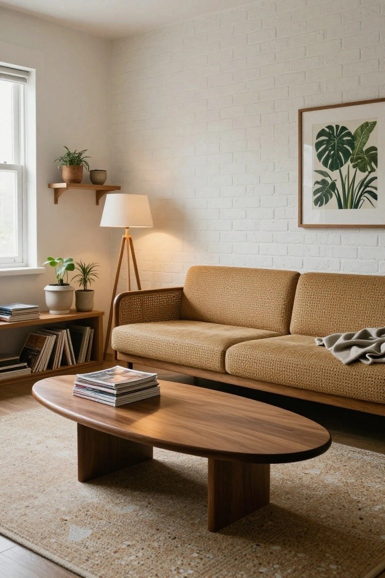 Living room with tan textured two-seater sofa, oval wooden coffee table holding stacked magazines, wooden shelving unit with books and potted plants, tripod floor lamp, small plants, and white brick wall on beige area rug.