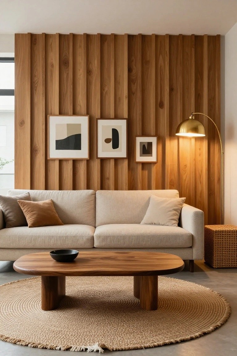 A living room with vertical wooden slat wall paneling, cream sofa with pillows, oval wooden coffee table holding a black bowl on a round seagrass rug, three abstract artworks, woven side table, and arched gold floor lamp.