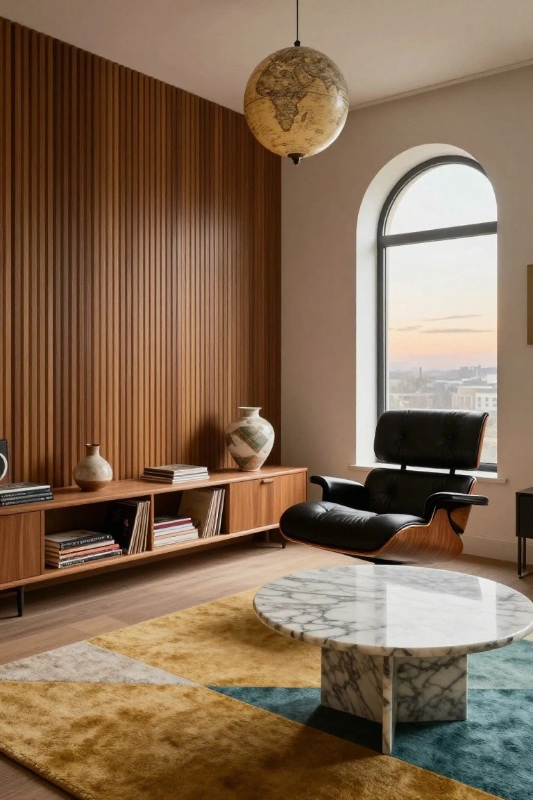A living room corner with vertical slatted wood wall, wood credenza holding books and ceramics, black leather Eames lounge chair, round white marble coffee table on a multicolored rug, hanging globe light, and arched window showing city view at dusk.