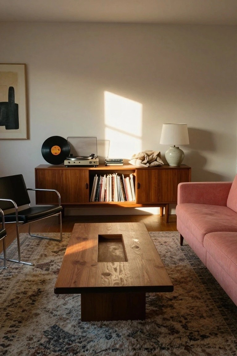 Mid-century modern living room with a wooden credenza topped by a record player and vinyl record, filled with books, a pink sofa, black leather chair, wooden coffee table, patterned rug, and window light.