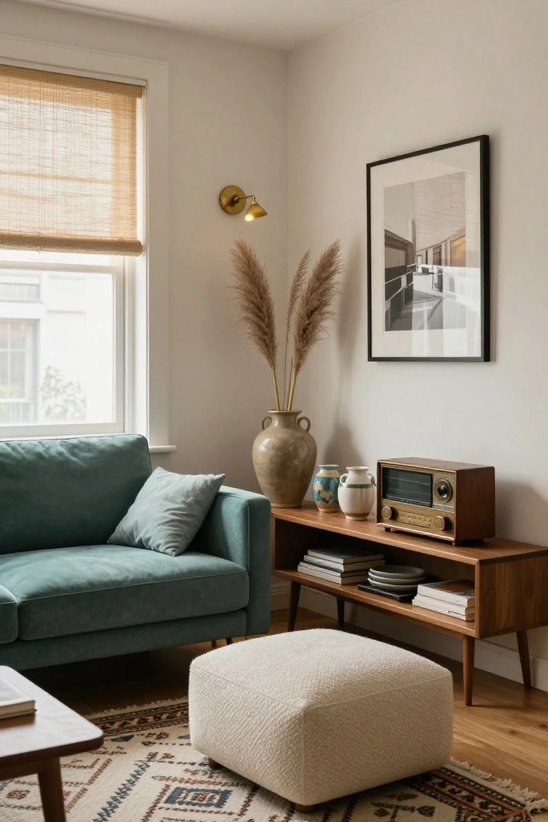 Teal velvet sofa next to a wooden mid-century credenza topped with a vintage radio, blue and white ceramics, books, and plates in a white living room corner with pampas grass in a terracotta vase, cream pouf, rattan shade window, and patterned rug on wood floor.