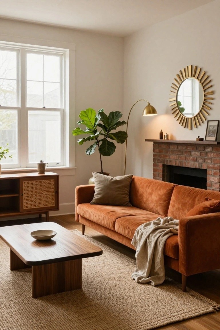 Sunlit living room interior with burnt orange velvet sofa, wooden coffee table, fiddle leaf fig plant next to arc lamp, rattan credenza, brick fireplace, white walls, and seagrass rug on hardwood floor.