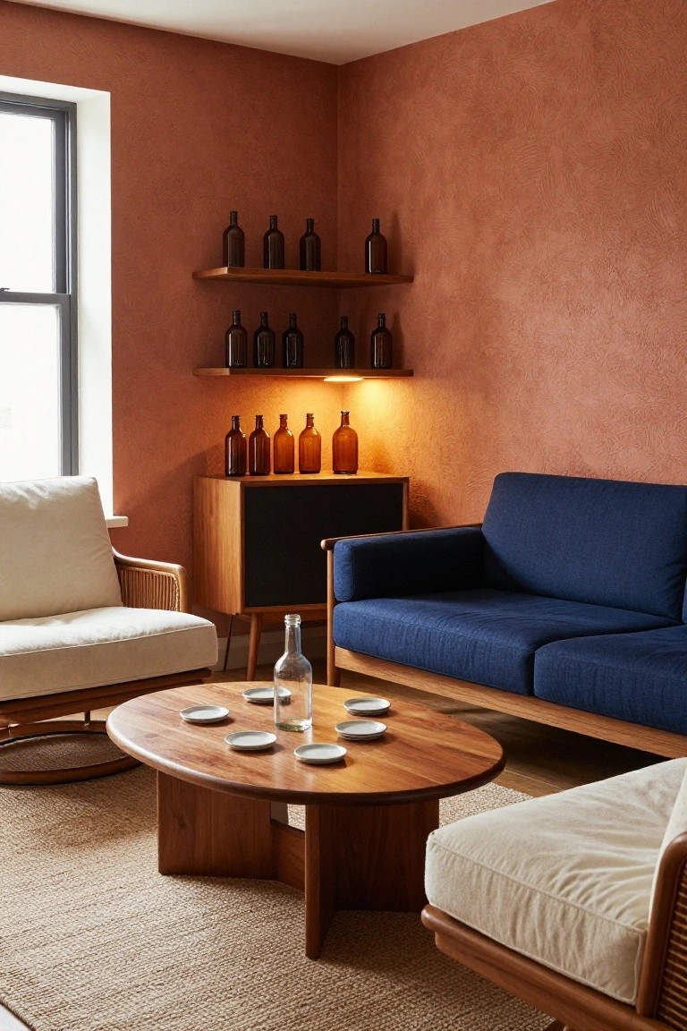 Corner of a living room with terracotta textured walls, wooden shelves holding amber glass bottles, wooden credenza with lit bottles, blue fabric sofa, white rattan chairs, wooden coffee table with white saucers and glass bottle, seagrass rug.