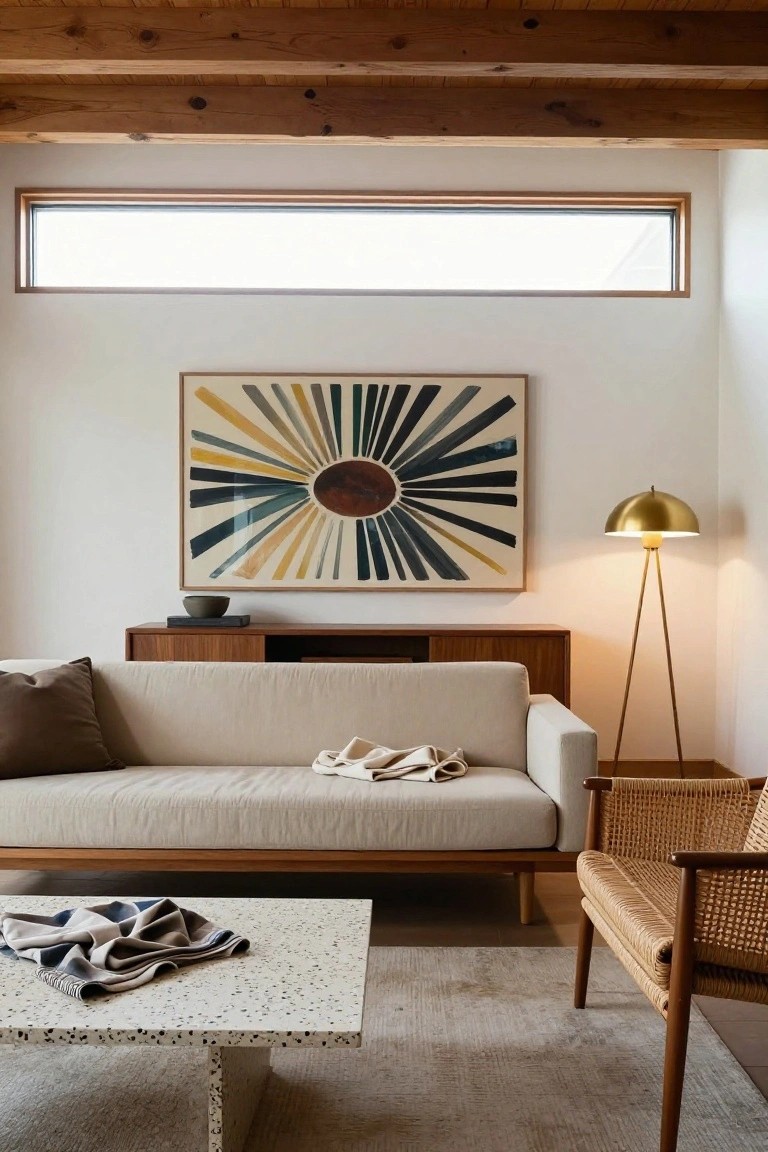 Living room interior with exposed wooden ceiling beams, white walls, large abstract multicolored sunburst artwork, wood credenza, beige linen sofa, rattan armchair, terrazzo coffee table, and brass tripod floor lamp.