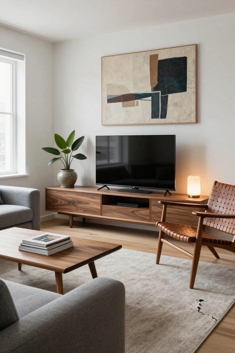 A light-filled living room with white walls, large abstract tan and black wall art, potted green plant, black TV on wooden console with drawers, gray sofa, tan leather armchair, wooden coffee table, and beige rug on wood floors.