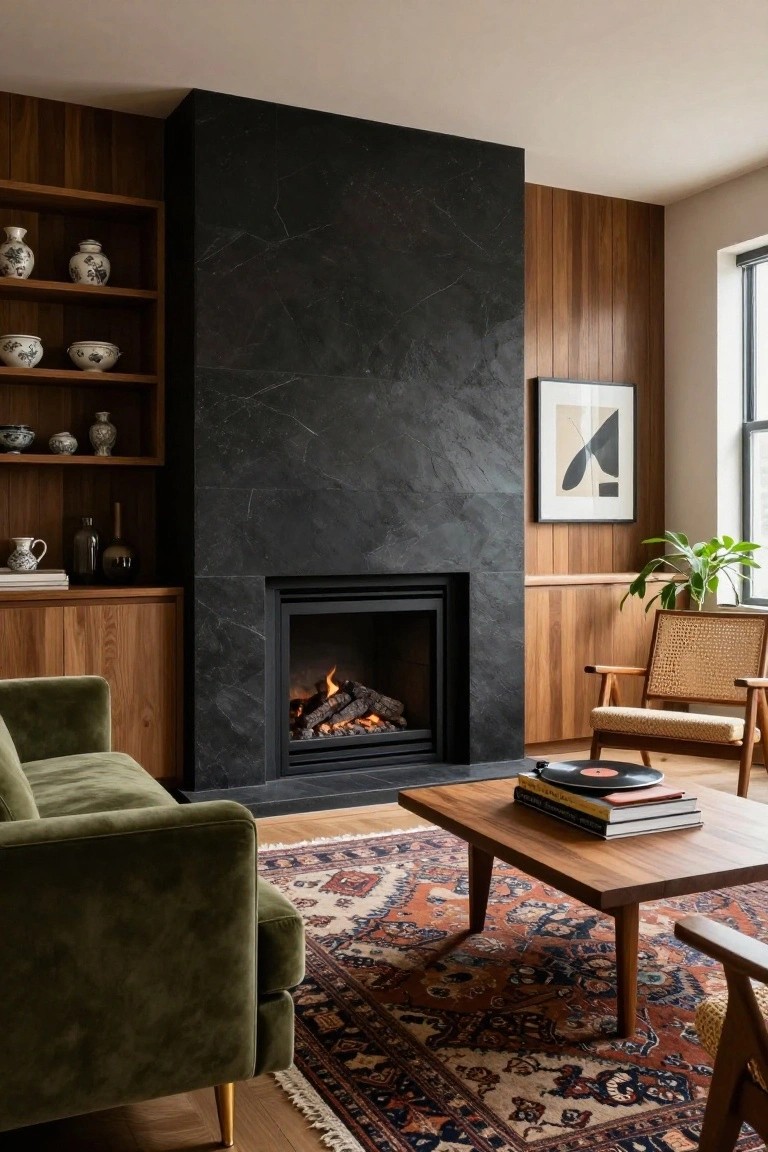 Living room interior with tall black slate fireplace set into wood-paneled walls featuring built-in shelves with ceramics, flanked by cabinets, green velvet sofa, wood coffee table with books and record, rattan chair, and patterned rug on wood floor.