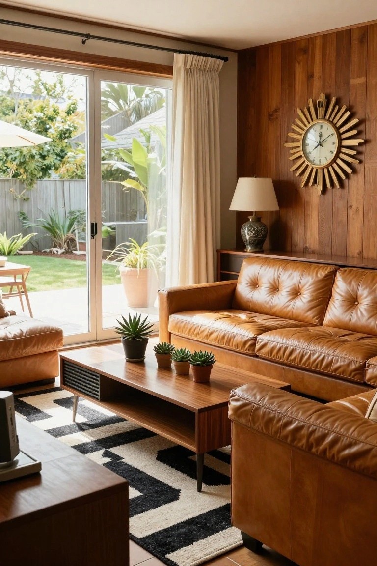 Mid-century modern living room featuring wood-paneled walls, tan tufted leather sofas, wooden furniture, potted plants, and sliding glass doors opening to a backyard patio.