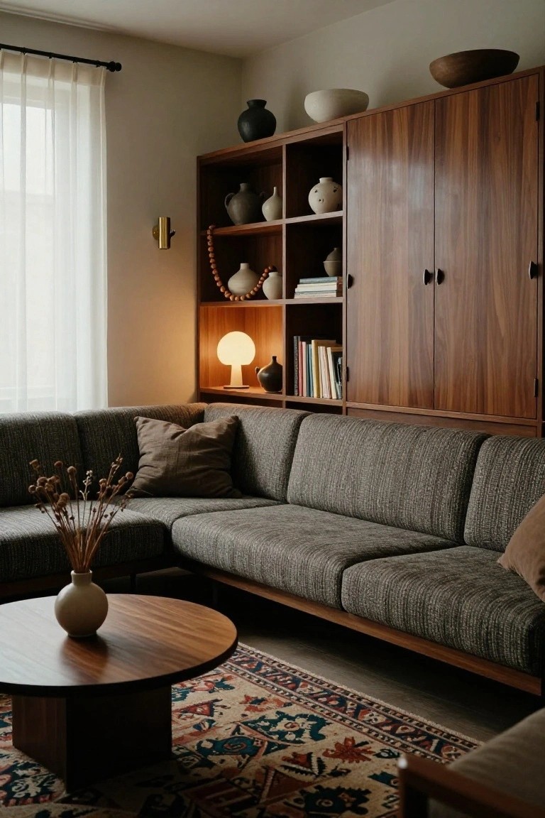 A cozy living room corner with a gray textured L-shaped sofa, round wooden coffee table holding a small vase, tall wooden shelving units displaying various ceramic pots and bowls, a glowing lamp, and sheer curtains on a window.