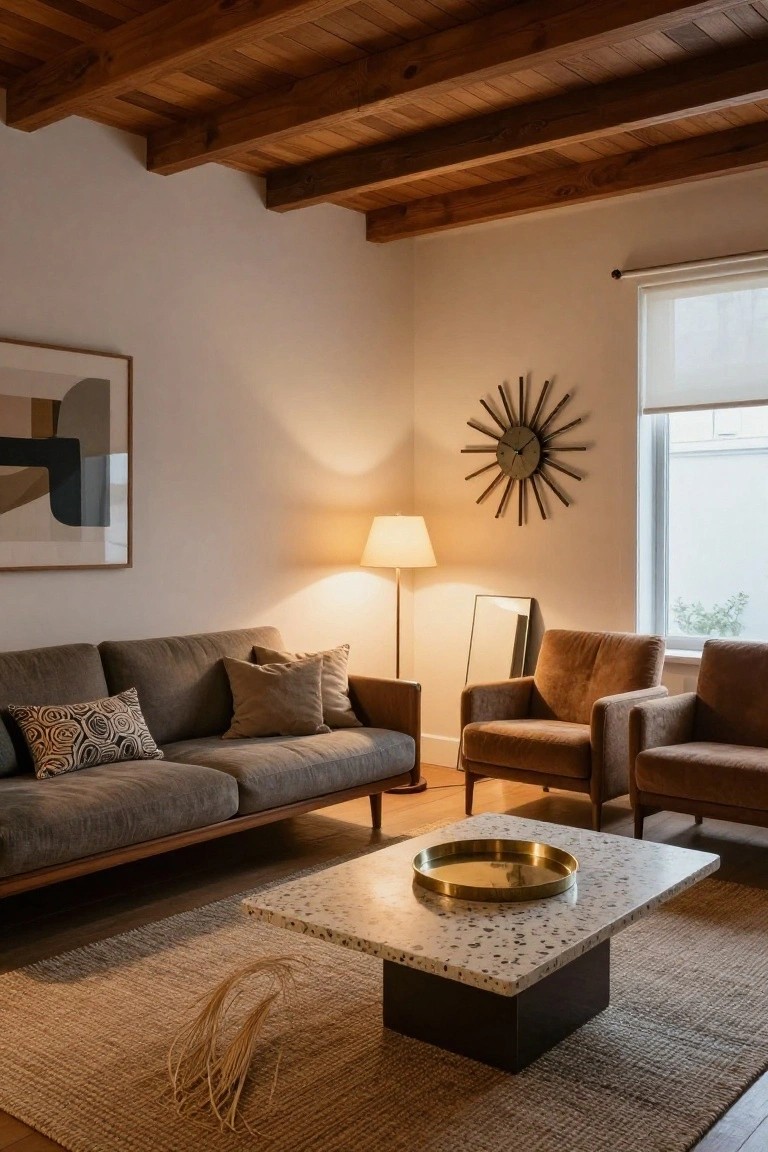 A living room with exposed dark wooden beam ceiling, light walls, gray sofa with patterned pillows, two brown armchairs, terrazzo coffee table topped with brass tray and dried grass, seagrass rug, floor lamp, starburst wall clock, abstract art, and lean mirror.