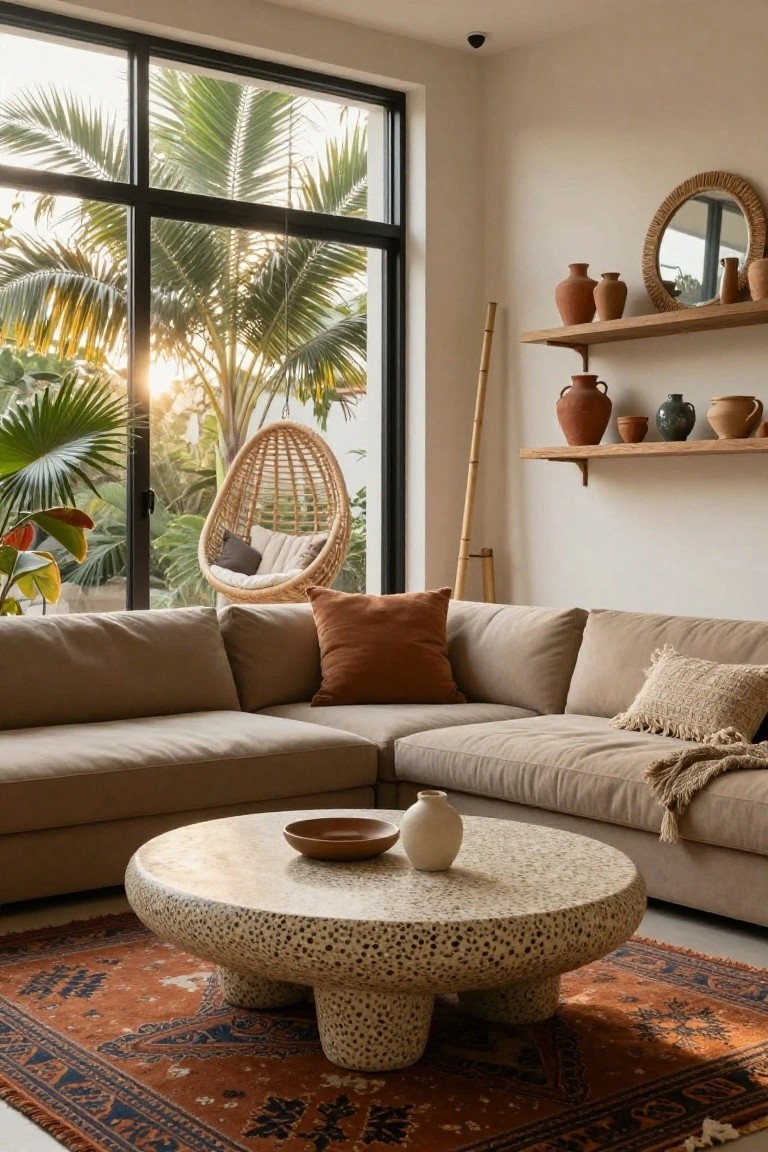 A beige L-shaped sofa in a living room with a round pebble-textured coffee table, rust-toned rug, hanging rattan chair, open wooden shelves holding terracotta pottery, and large windows showing palm trees outside.