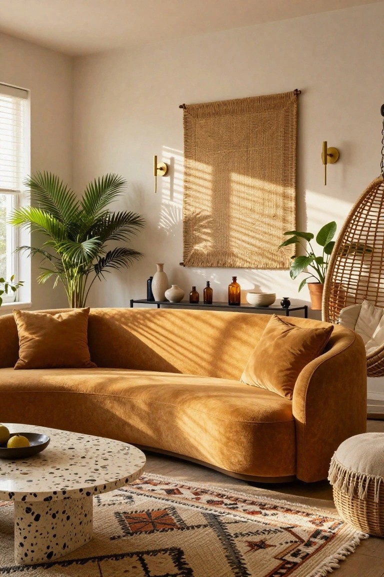 Sunlit living room with curved burnt orange velvet sofa, potted palm and trailing plants, woven wall hanging, black shelf with vases, rattan hanging chair, terrazzo coffee table, and patterned rug.