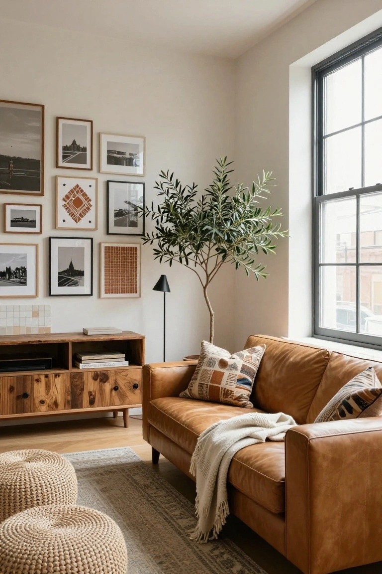 Living room corner with tan leather sofa on a patterned rug, two woven poufs in front, wooden media console with books and TV, tall potted olive tree, black floor lamp, large window, and eclectic wall of framed black-and-white photos mixed with abstract and geometric art.