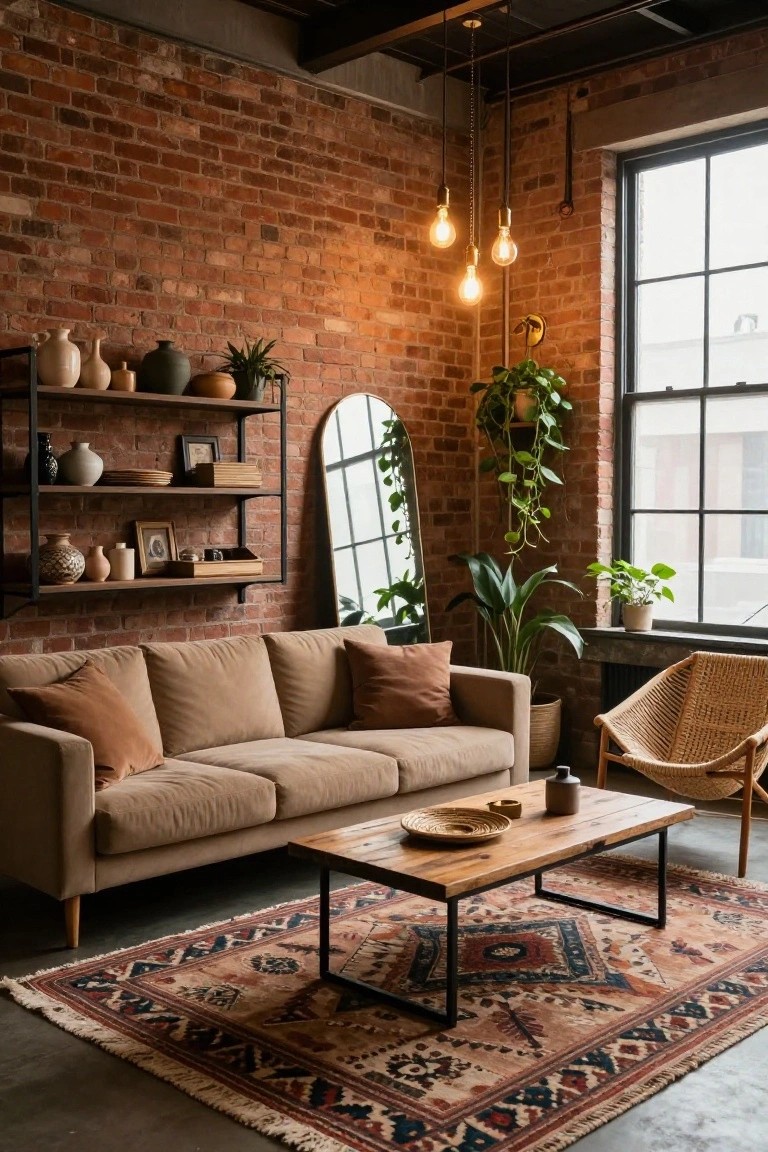 Living room with exposed red brick walls, black metal shelves holding pottery vases plants and frames, large arched mirror, arched window, beige sofa with terracotta pillows, rattan chair, wooden coffee table on patterned rug, and hanging Edison bulb lights.