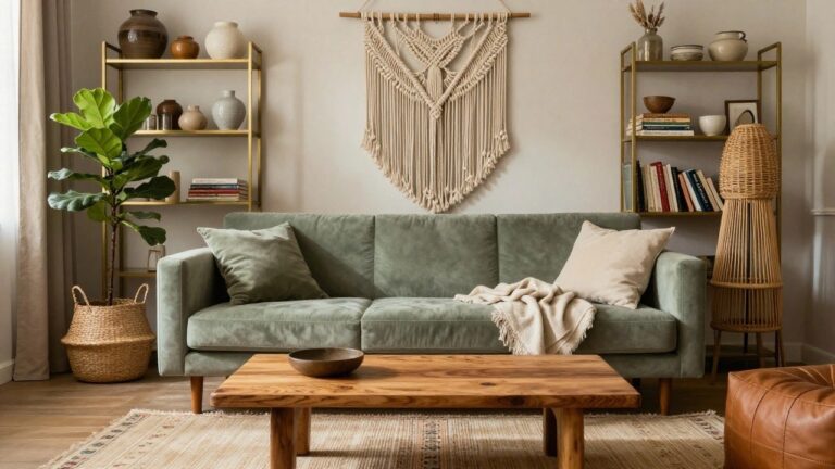 20 Modern Boho Eclectic Living Room Ideas A cozy living room with a sage green velvet sofa, beige and rust pillows, a cream throw blanket, wood coffee table, gold metal shelving with ceramics, macrame wall hanging, plants, and a colorful patterned rug on oak floors.