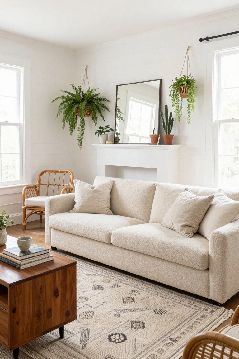 Bright white living room featuring a beige bouclé sofa, rattan armchair, wooden coffee table, patterned rug, white fireplace with plants on mantel, and multiple hanging and potted plants near windows.