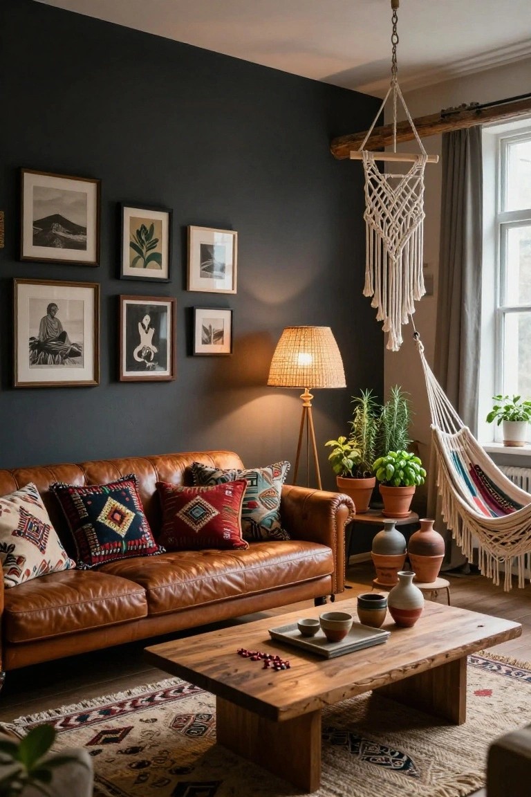 A cozy living room with a brown leather sofa covered in colorful patterned pillows, a wooden coffee table with ceramics, potted plants, a macrame hammock, and eclectic wall art against dark walls.
