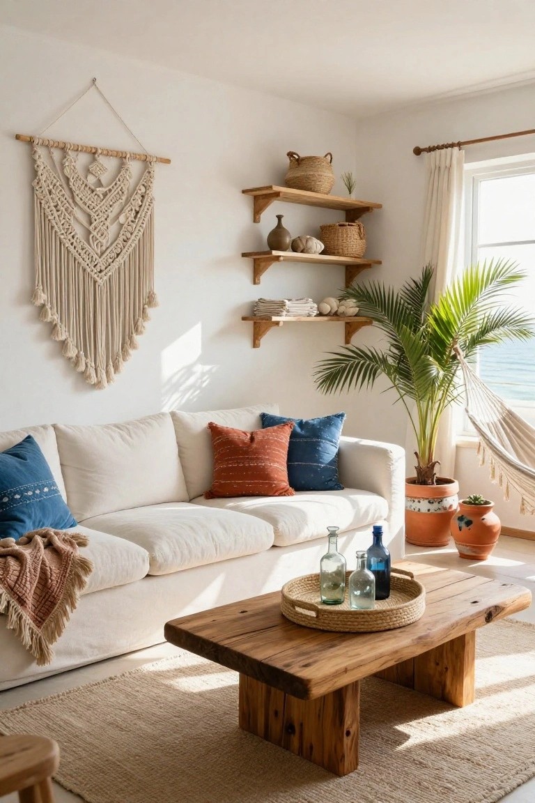 Bright living room with large beige macrame wall hanging on white wall, white sofa with blue and orange pillows, wooden coffee table holding glass bottles in woven tray, potted palm plant and hammock near window overlooking ocean.