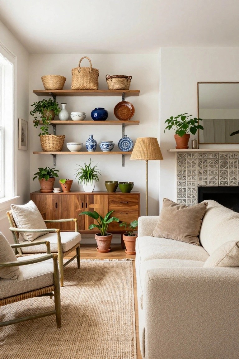 A living room corner with wooden floating shelves holding blue and white ceramics, wicker baskets, and potted plants, next to a wooden credenza, rattan chairs, cream sofa, floor lamp, and fireplace with geometric tiles.