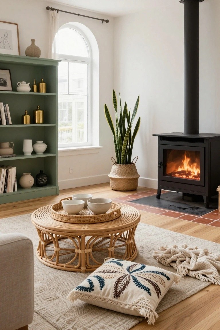 A living room corner with mint green bookshelf stocked with books and ceramics, tall snake plant in woven basket, black metal fireplace with burning logs, round rattan coffee table holding a tray of white bowls, embroidered pillows on light rug, and edge of beige sofa.
