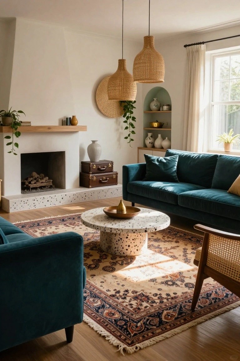 A bright living room with white walls, a white fireplace with terrazzo base, emerald green velvet sofas, round terrazzo coffee table, large woven rattan pendant lights, plants, ceramics, and a patterned rug on wood floors.