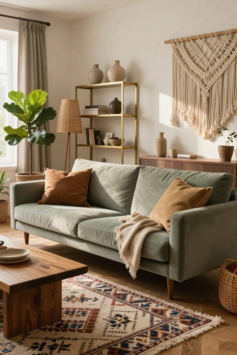 A cozy living room with a sage green velvet sofa, beige and rust pillows, a cream throw blanket, wood coffee table, gold metal shelving with ceramics, macrame wall hanging, plants, and a colorful patterned rug on oak floors.