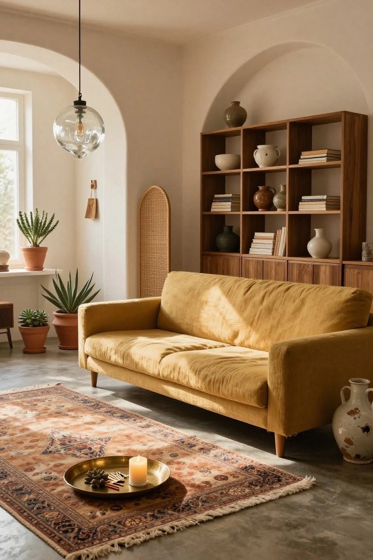 Light-filled living room with a plush mustard yellow sofa on concrete floor, wooden shelves displaying ceramics and books, potted plants near a window, arched walls, rattan screen, and orange rug with brass tray and candle.