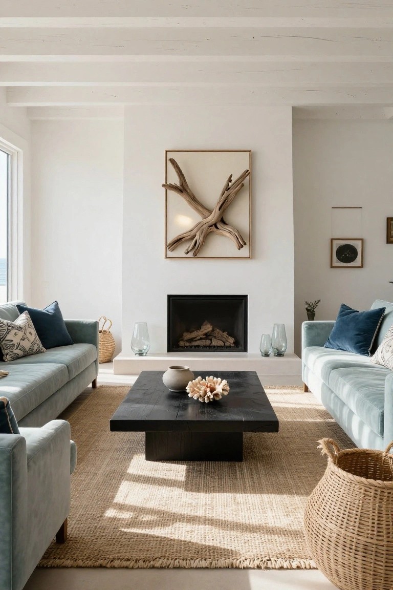 Modern living room featuring two light teal velvet sofas facing each other across a black rectangular coffee table in front of a fireplace, with driftwood art on the white wall above, seagrass rug underneath, glass vases and shell decor on the table, and large windows showing ocean view.